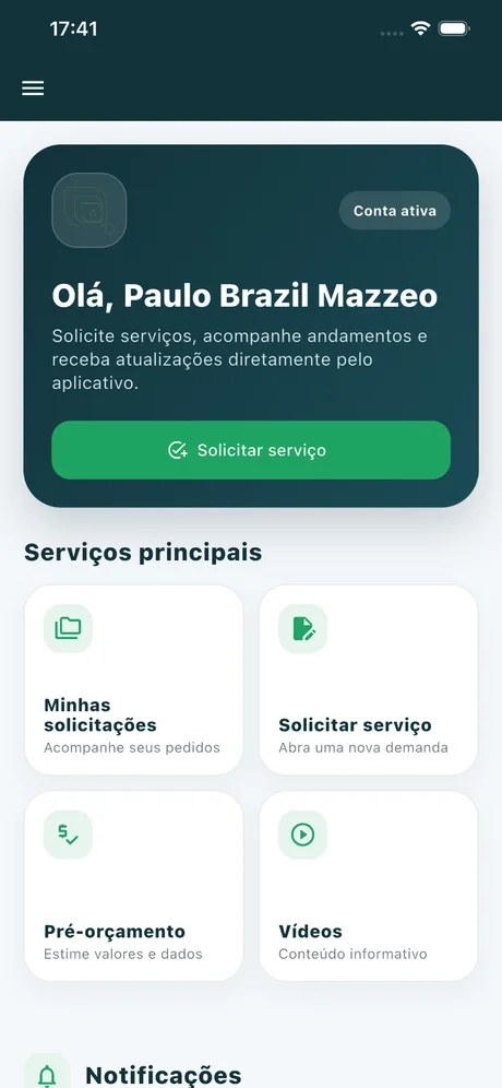 Tela inicial do aplicativo de cartório