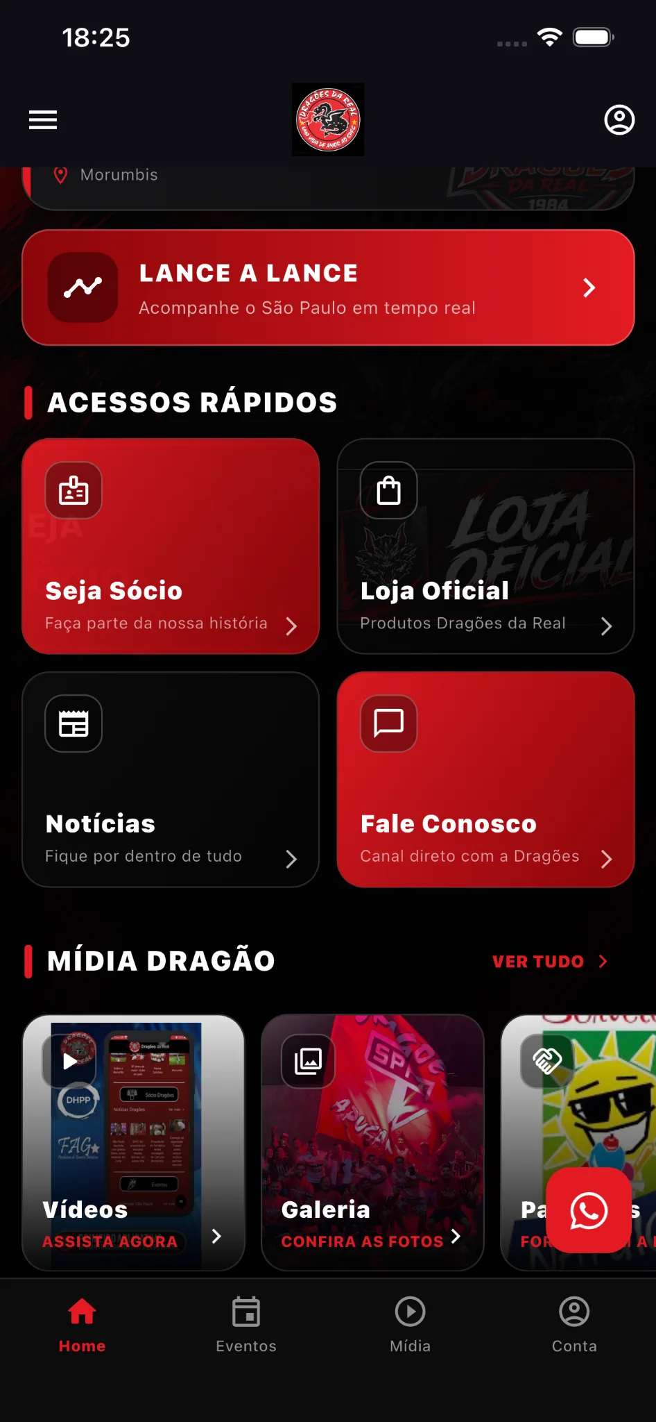 Acessos rápidos do novo aplicativo Dragões da Real