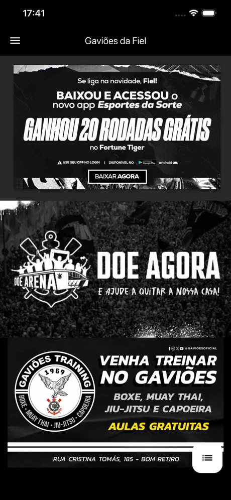 Conteúdo no aplicativo Gaviões