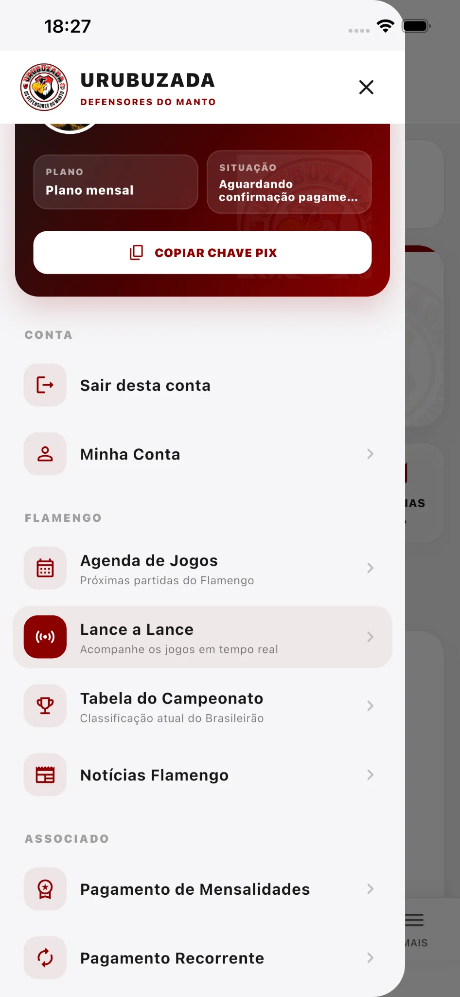 Menu do novo aplicativo Urubuzada